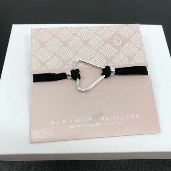 Silver Triangle on Black Suede Cord Pull Bracelet - Picture 1 of 4